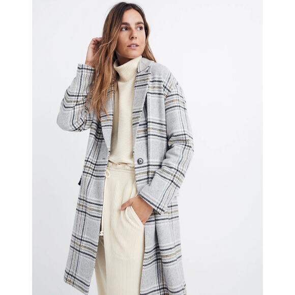 Madewell Plaid Bryant Trench Coat Pea Wool Long Winter Single Button XL Large